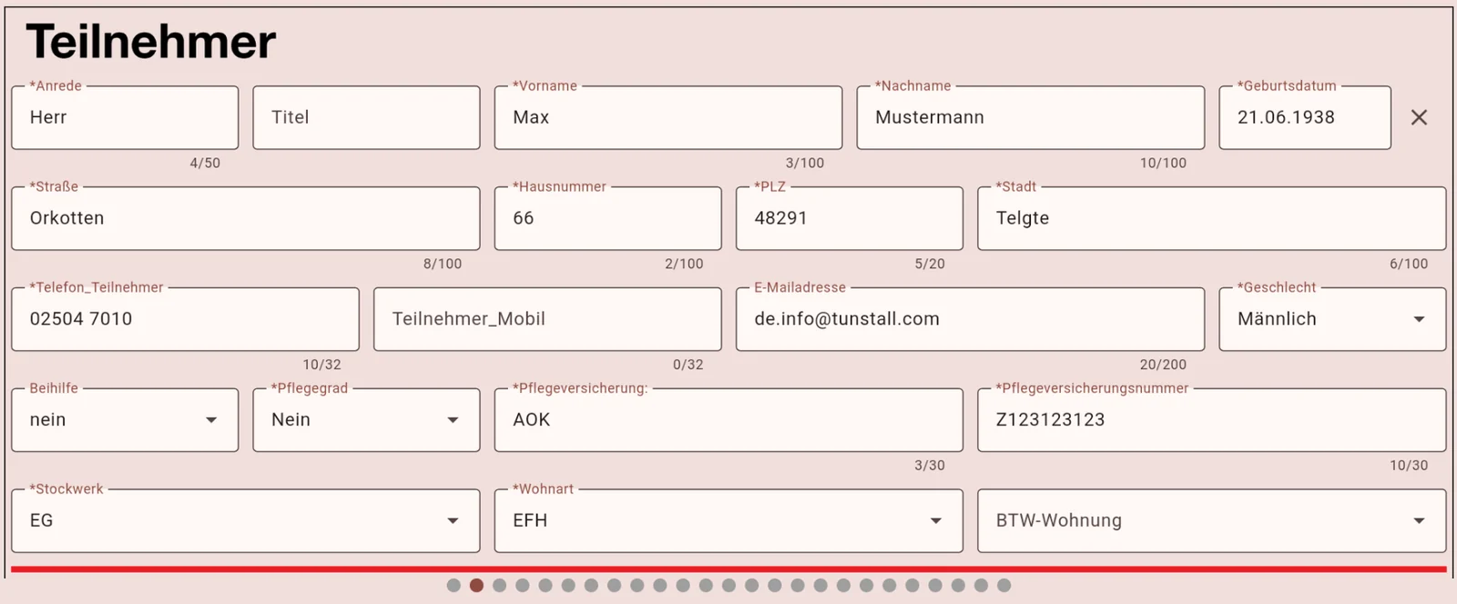 Eingabemaske der FormularApp mit Teilnehmerdaten wie Name, Anschrift, Telefon und Pflegeversicherung