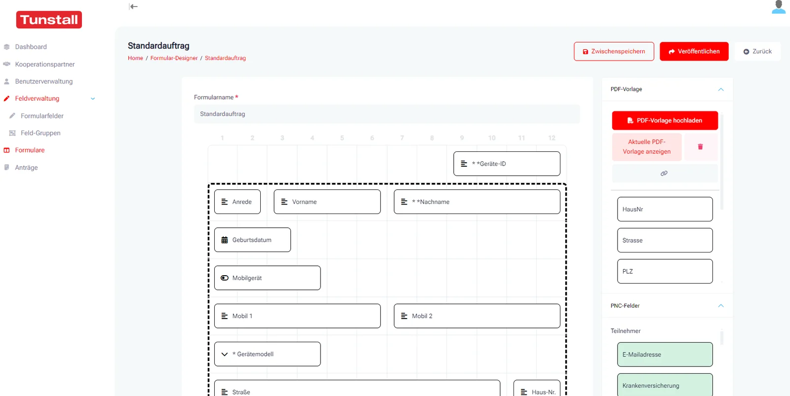 Formulardesigner im Backend der FormularApp mit Feldraster, PDF-Vorlage und PNC-Feldern